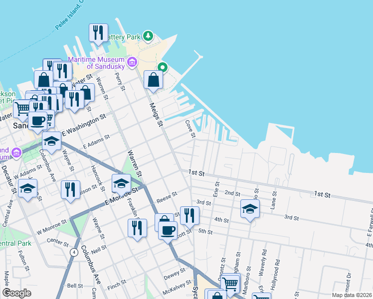 map of restaurants, bars, coffee shops, grocery stores, and more near 732 Garfield Avenue in Sandusky