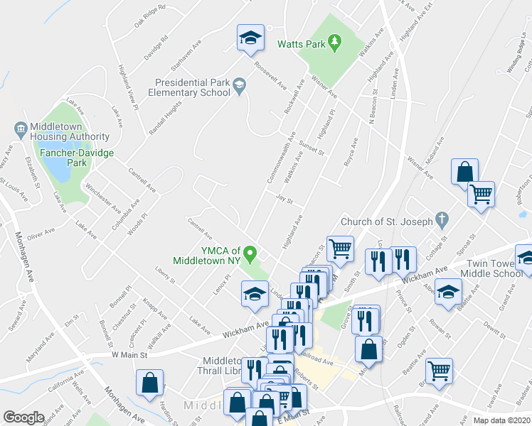 map of restaurants, bars, coffee shops, grocery stores, and more near 18 Watkins Avenue in Middletown