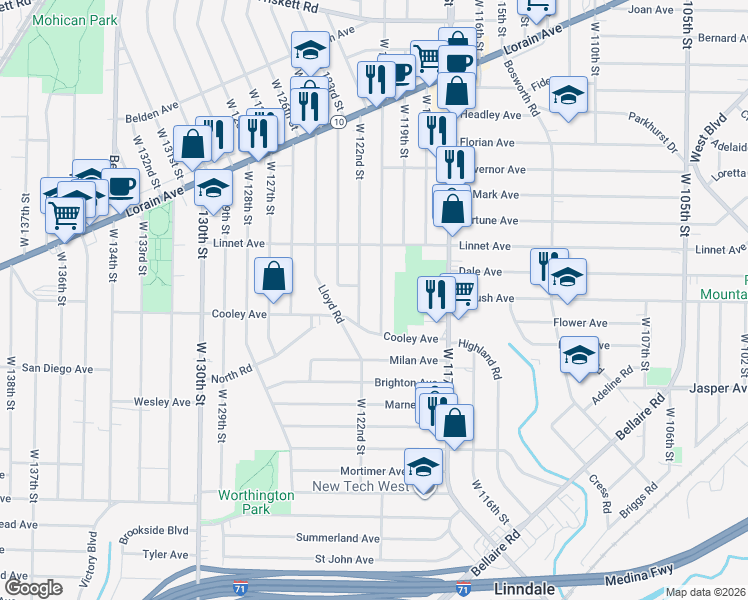 map of restaurants, bars, coffee shops, grocery stores, and more near 3614 West 120th Street in Cleveland