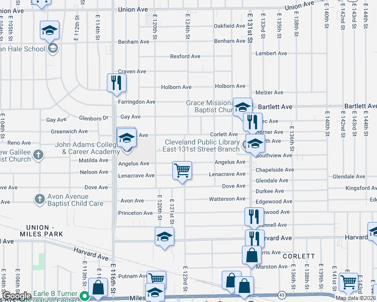 map of restaurants, bars, coffee shops, grocery stores, and more near 3852 East 123rd Street in Cleveland