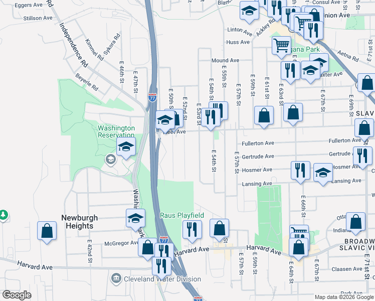 map of restaurants, bars, coffee shops, grocery stores, and more near 3821 East 52nd Street in Cleveland
