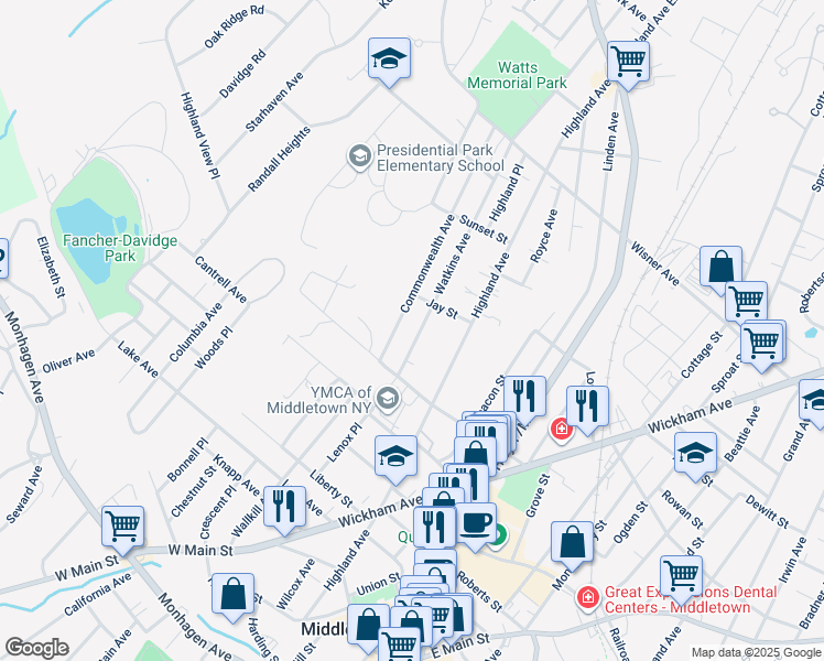 map of restaurants, bars, coffee shops, grocery stores, and more near 6 Watkins Avenue in Middletown