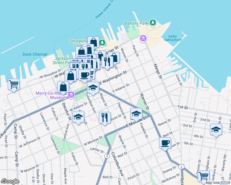map of restaurants, bars, coffee shops, grocery stores, and more near 304 East Adams Street in Sandusky