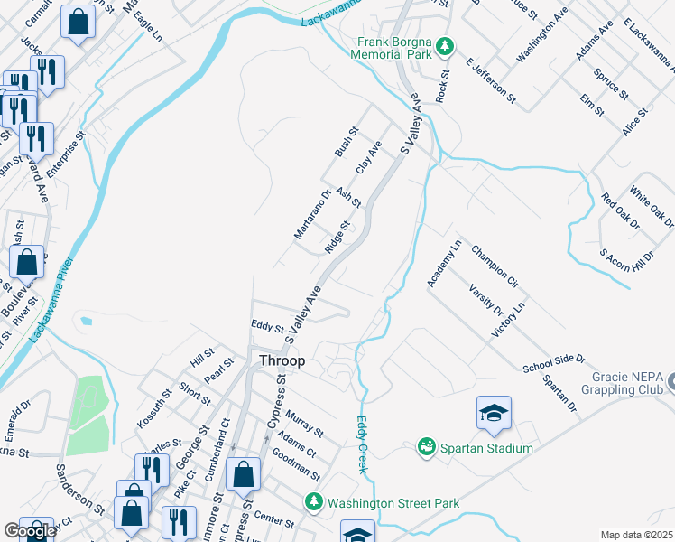 map of restaurants, bars, coffee shops, grocery stores, and more near 1055 Valley View Terrace in Scranton