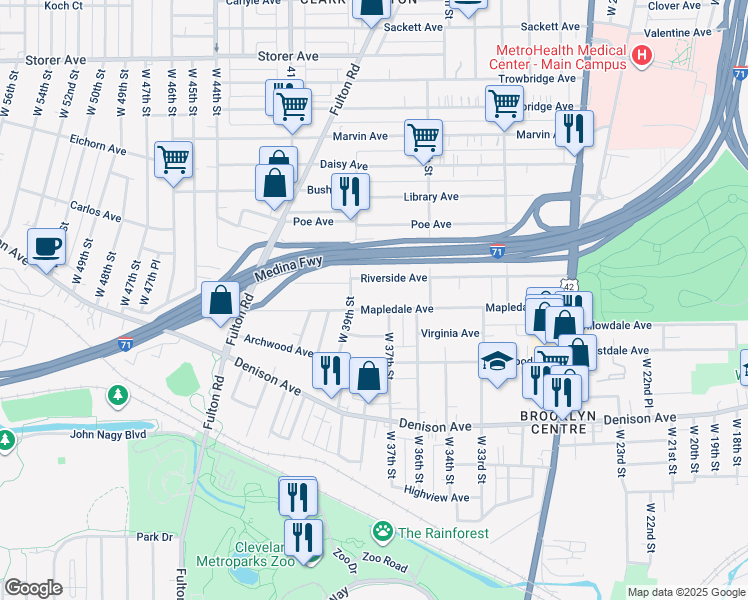 map of restaurants, bars, coffee shops, grocery stores, and more near 3710 West 37th Street in Cleveland