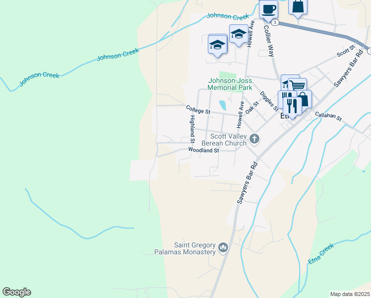 map of restaurants, bars, coffee shops, grocery stores, and more near Woodland St in Etna
