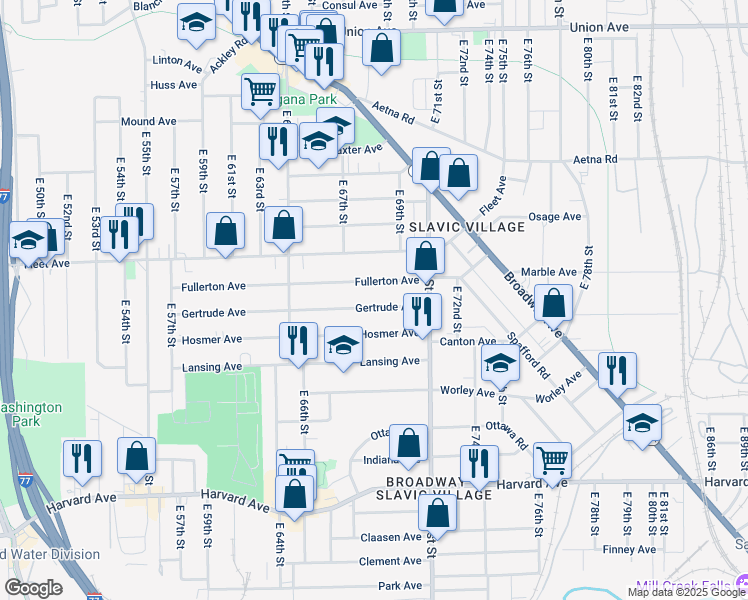 map of restaurants, bars, coffee shops, grocery stores, and more near 6819 Gertrude Avenue in Cleveland