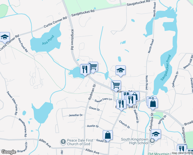 map of restaurants, bars, coffee shops, grocery stores, and more near 1425 Kingstown Road in South Kingstown