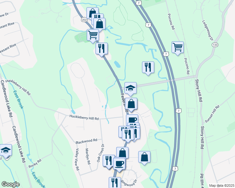 map of restaurants, bars, coffee shops, grocery stores, and more near 60 Old New Milford Road in Brookfield