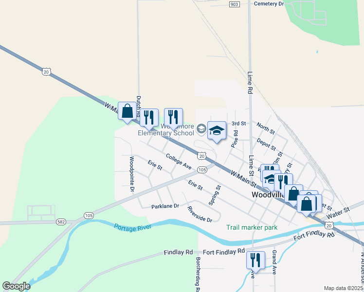 map of restaurants, bars, coffee shops, grocery stores, and more near 835 West Main Street in Woodville