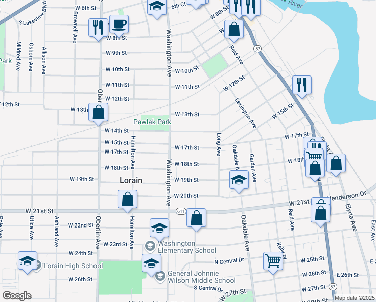 map of restaurants, bars, coffee shops, grocery stores, and more near 911 West 17th Street in Lorain