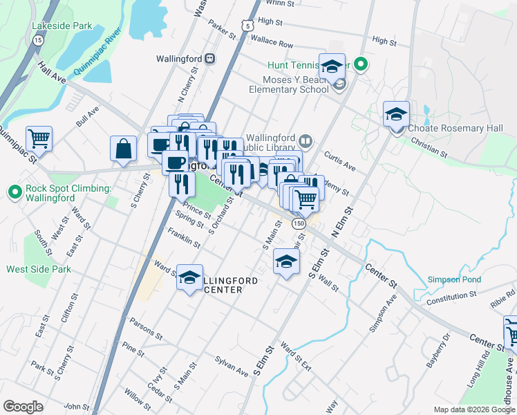 map of restaurants, bars, coffee shops, grocery stores, and more near 34 South Whittlesey Avenue in Wallingford