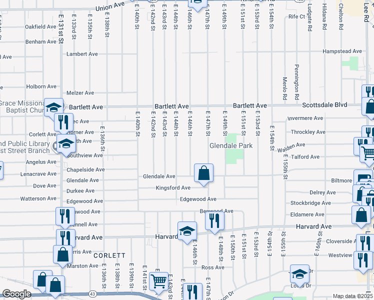 map of restaurants, bars, coffee shops, grocery stores, and more near 3870 East 146th Street in Cleveland