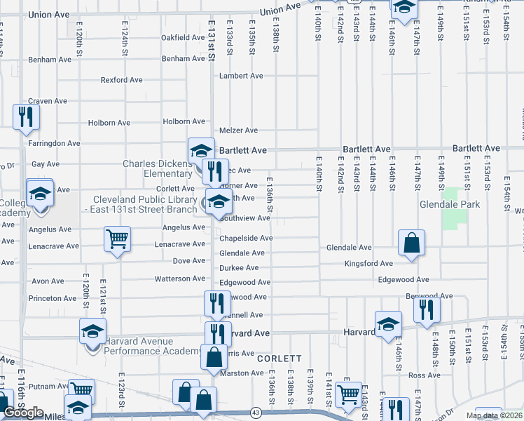 map of restaurants, bars, coffee shops, grocery stores, and more near 13508 Southview Avenue in Cleveland