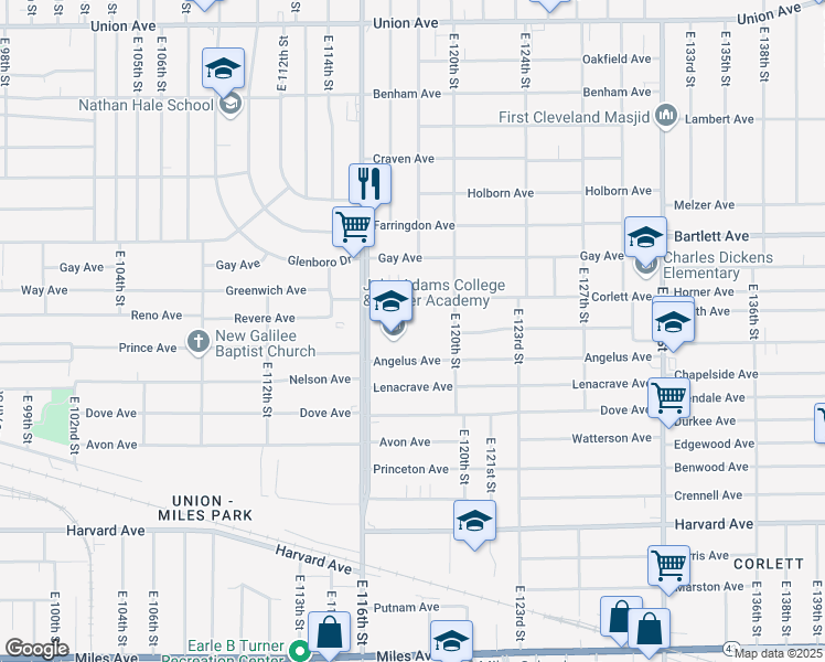 map of restaurants, bars, coffee shops, grocery stores, and more near 11710 Angelus Avenue in Cleveland