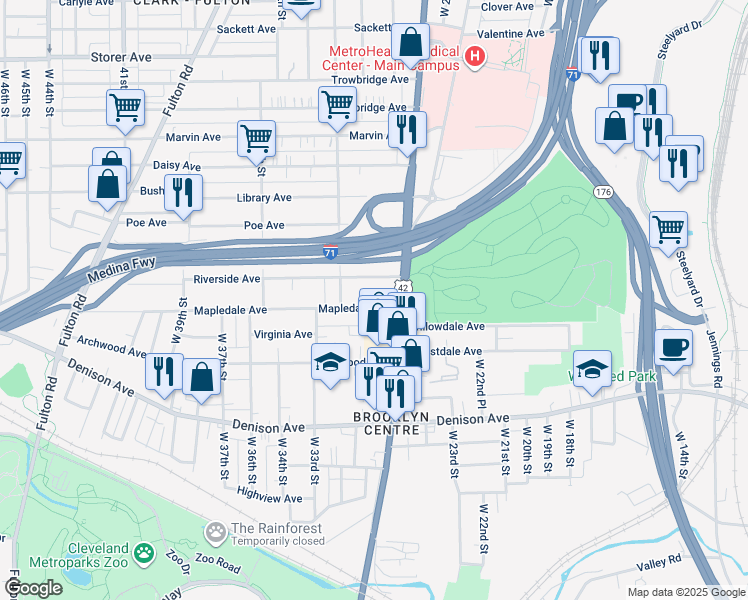 map of restaurants, bars, coffee shops, grocery stores, and more near 3718 Pearl Road in Cleveland