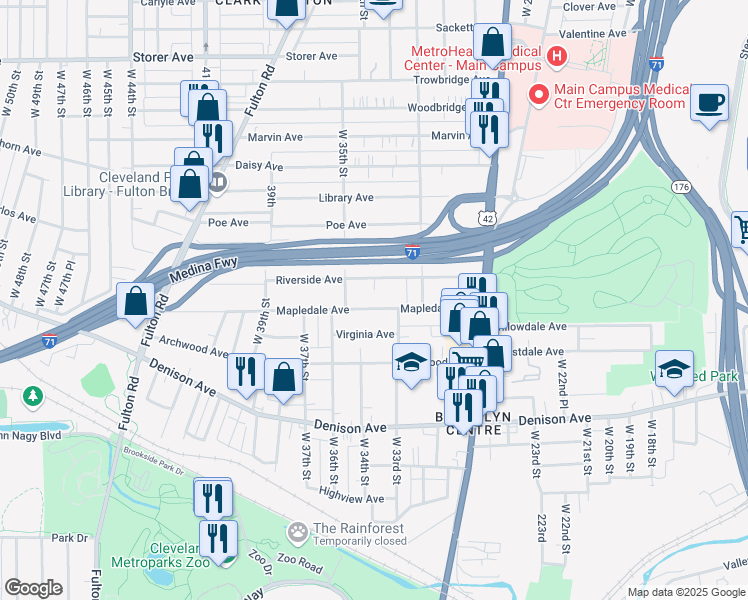 map of restaurants, bars, coffee shops, grocery stores, and more near 3415 Mapledale Avenue in Cleveland