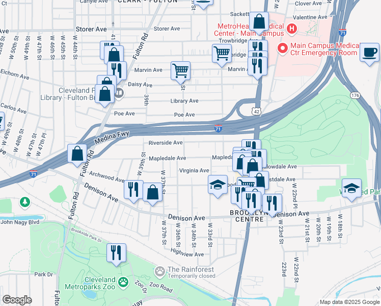 map of restaurants, bars, coffee shops, grocery stores, and more near 3415 Mapledale Avenue in Cleveland
