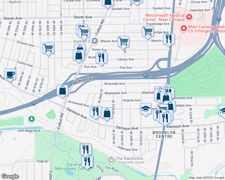map of restaurants, bars, coffee shops, grocery stores, and more near 3710 West 37th Street in Cleveland