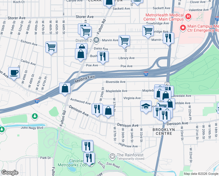 map of restaurants, bars, coffee shops, grocery stores, and more near 3710 West 37th Street in Cleveland