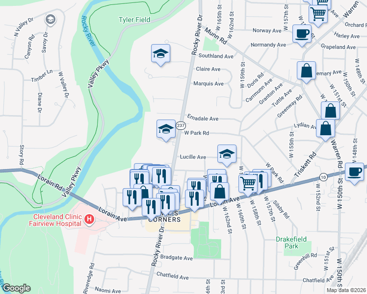 map of restaurants, bars, coffee shops, grocery stores, and more near 16805 Lucille Avenue in Cleveland