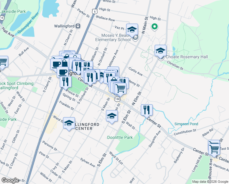 map of restaurants, bars, coffee shops, grocery stores, and more near 350 Center Street in Wallingford