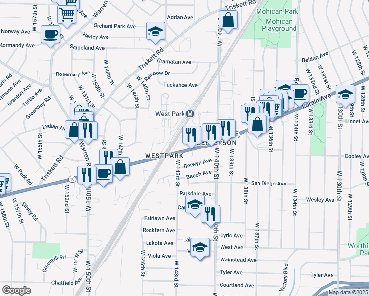 map of restaurants, bars, coffee shops, grocery stores, and more near 14222 Lorain Avenue in Cleveland