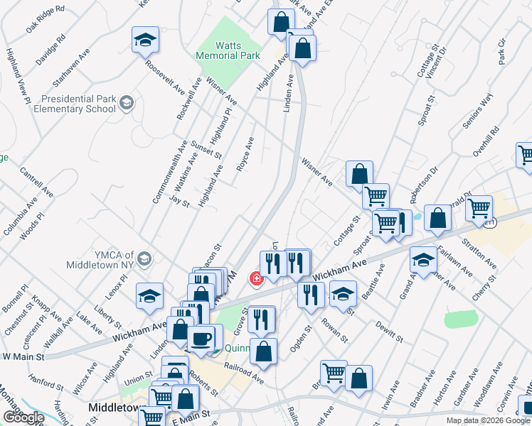 map of restaurants, bars, coffee shops, grocery stores, and more near 312 North Street in Middletown
