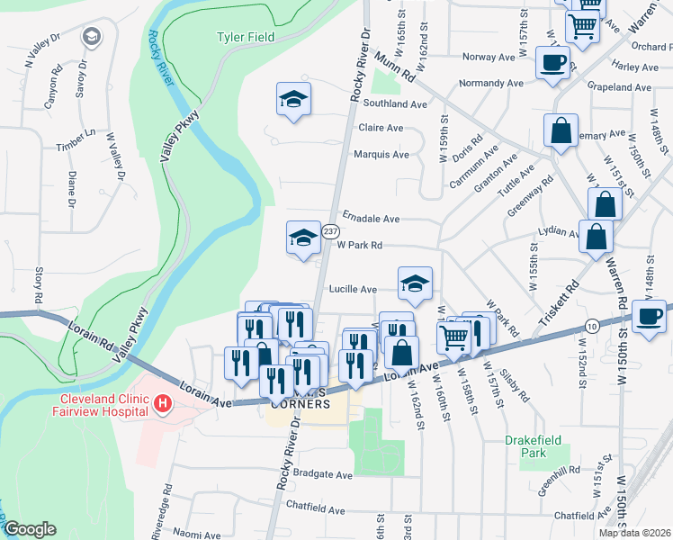 map of restaurants, bars, coffee shops, grocery stores, and more near 16805 Lucille Avenue in Cleveland