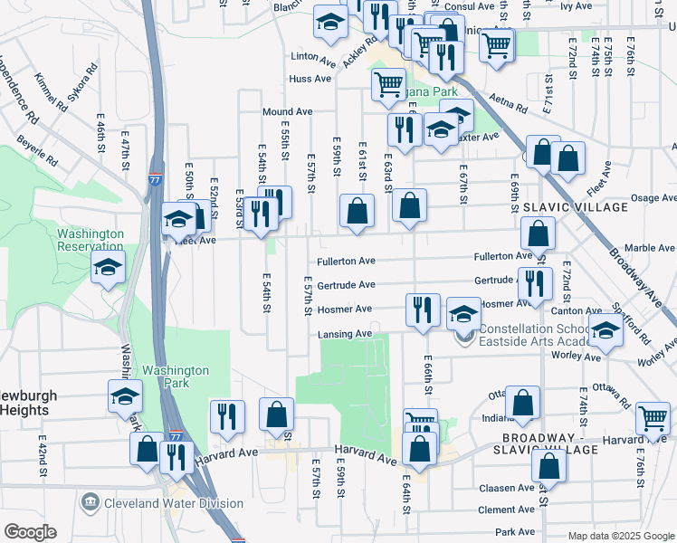 map of restaurants, bars, coffee shops, grocery stores, and more near 5920 Fullerton Avenue in Cleveland