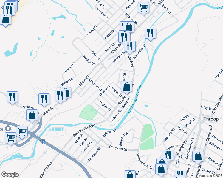 map of restaurants, bars, coffee shops, grocery stores, and more near 219 Maple Street in Dickson City