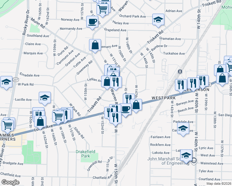 map of restaurants, bars, coffee shops, grocery stores, and more near 3693 Warren Road in Cleveland