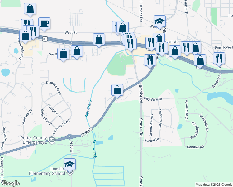 map of restaurants, bars, coffee shops, grocery stores, and more near 1459 South State Road 2 in Valparaiso