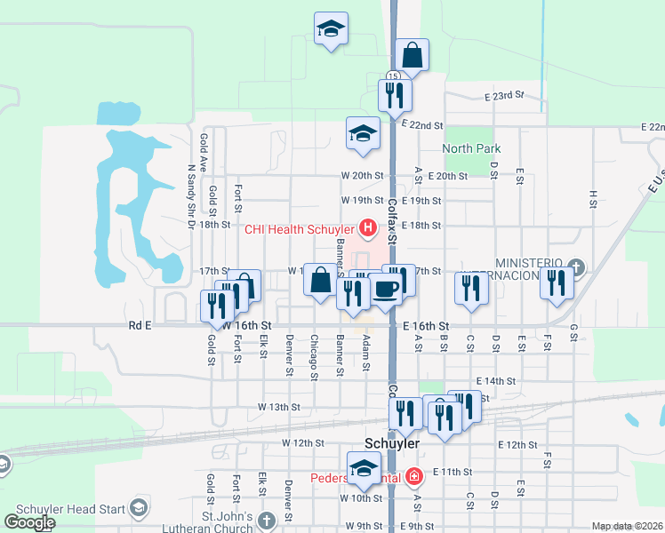 map of restaurants, bars, coffee shops, grocery stores, and more near 1715 Banner Street in Schuyler