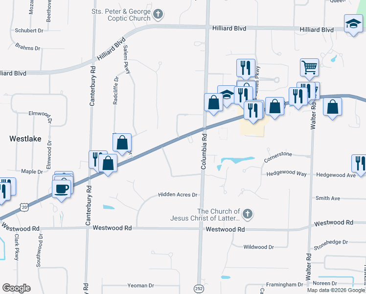 map of restaurants, bars, coffee shops, grocery stores, and more near 25635 Center Ridge Road in Westlake