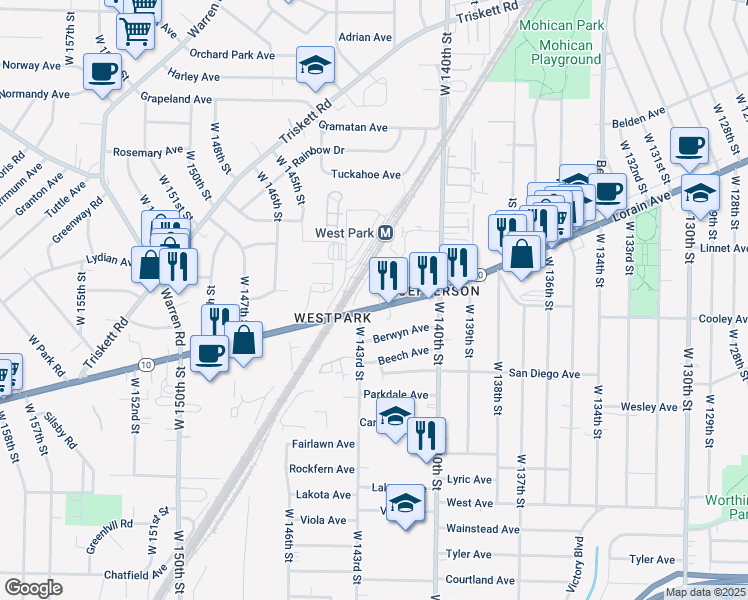 map of restaurants, bars, coffee shops, grocery stores, and more near 14300 Lorain Avenue in Cleveland