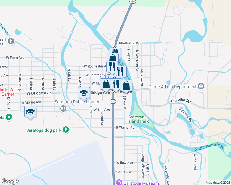 map of restaurants, bars, coffee shops, grocery stores, and more near 123 East Bridge Avenue in Saratoga