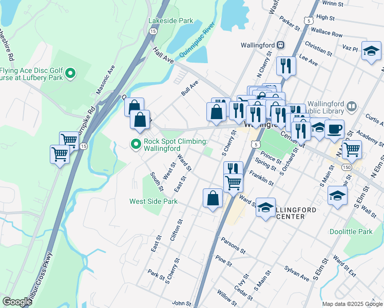 map of restaurants, bars, coffee shops, grocery stores, and more near 58 Washington Street in Wallingford