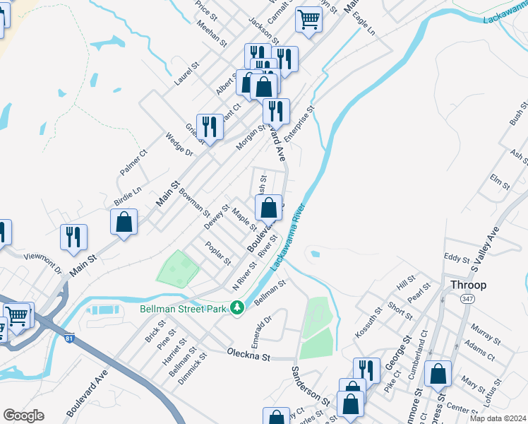 map of restaurants, bars, coffee shops, grocery stores, and more near Ash Street in Dickson City