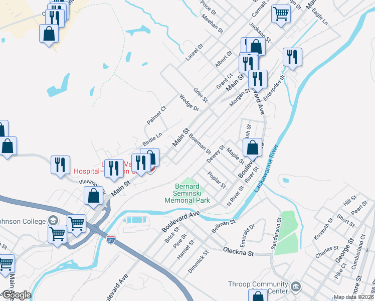 map of restaurants, bars, coffee shops, grocery stores, and more near 434 Main Street in Dickson City
