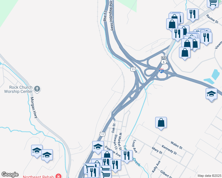map of restaurants, bars, coffee shops, grocery stores, and more near 1307 Steele St in Scranton