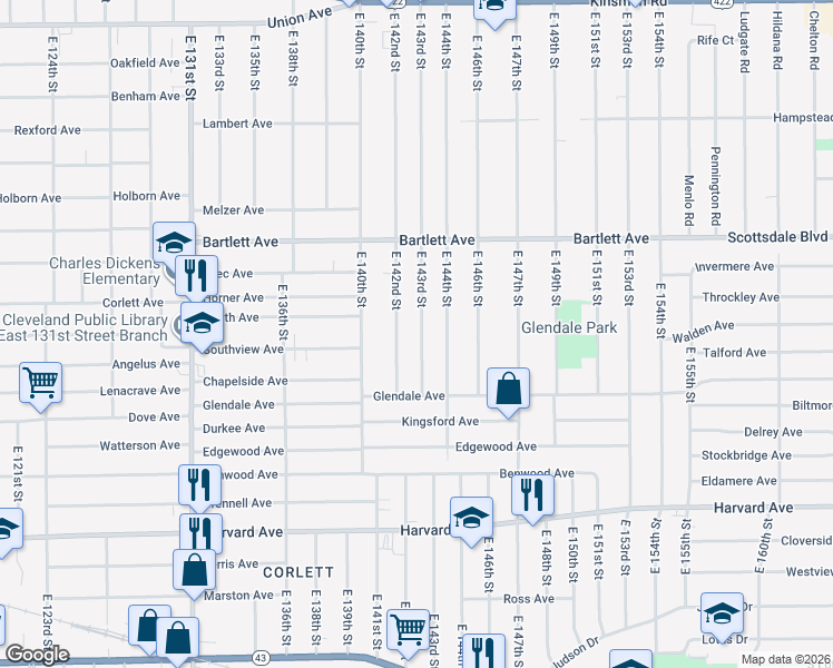 map of restaurants, bars, coffee shops, grocery stores, and more near 3817 East 143rd Street in Cleveland