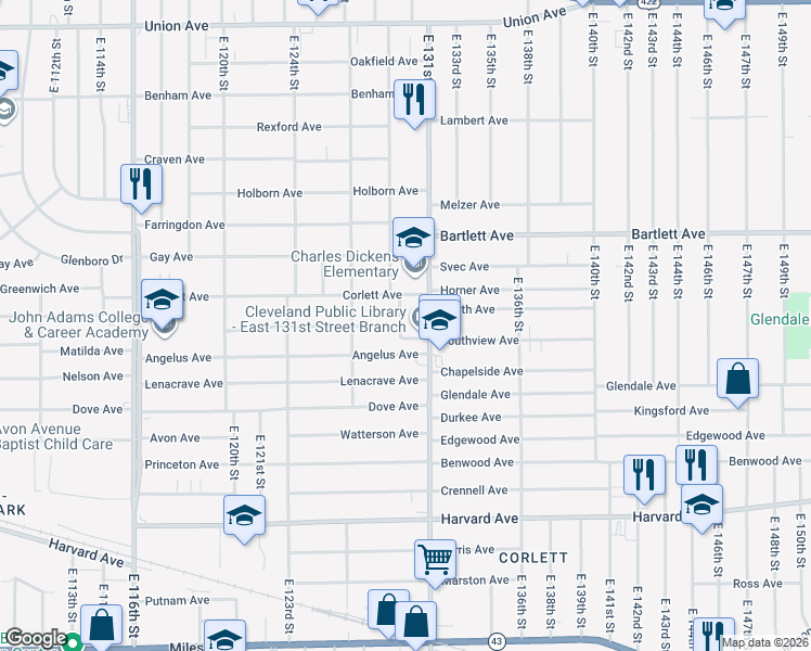 map of restaurants, bars, coffee shops, grocery stores, and more near 12820 Corlett Avenue in Cleveland