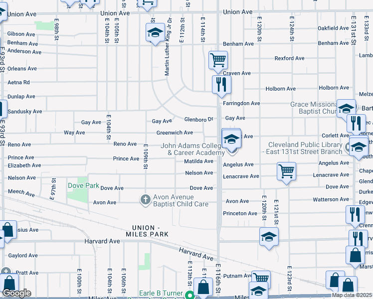 map of restaurants, bars, coffee shops, grocery stores, and more near 11214 Greenwich Avenue in Cleveland