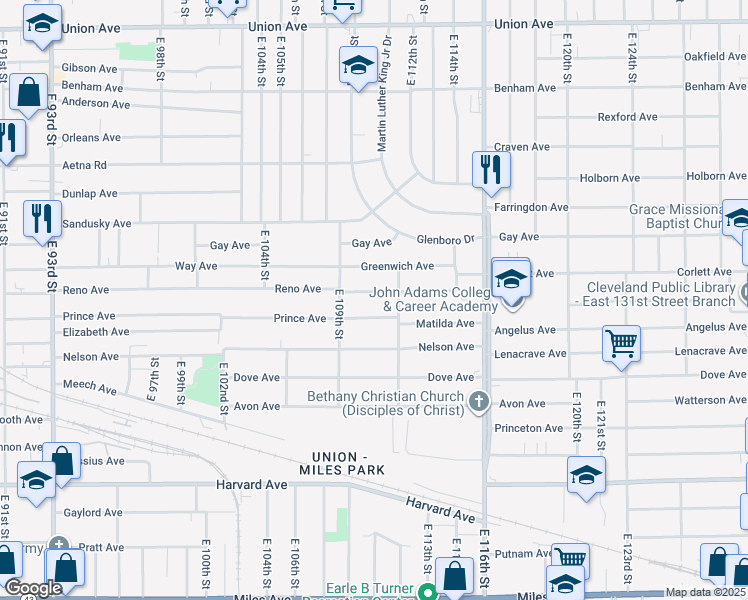map of restaurants, bars, coffee shops, grocery stores, and more near 11018 Greenwich Avenue in Cleveland