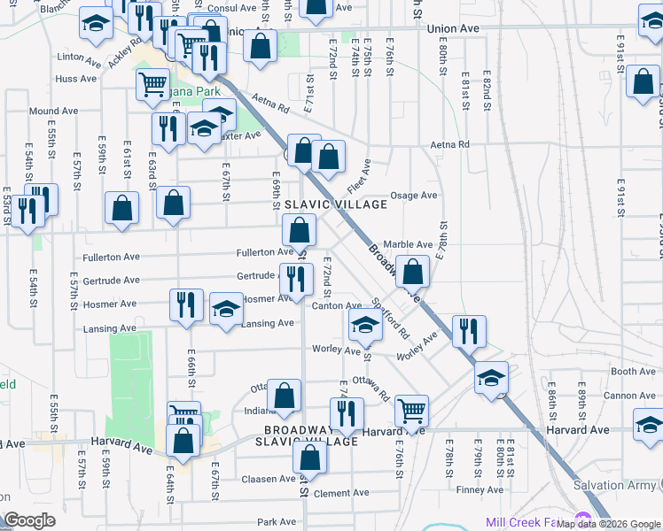 map of restaurants, bars, coffee shops, grocery stores, and more near 7205 Fullerton Avenue in Cleveland