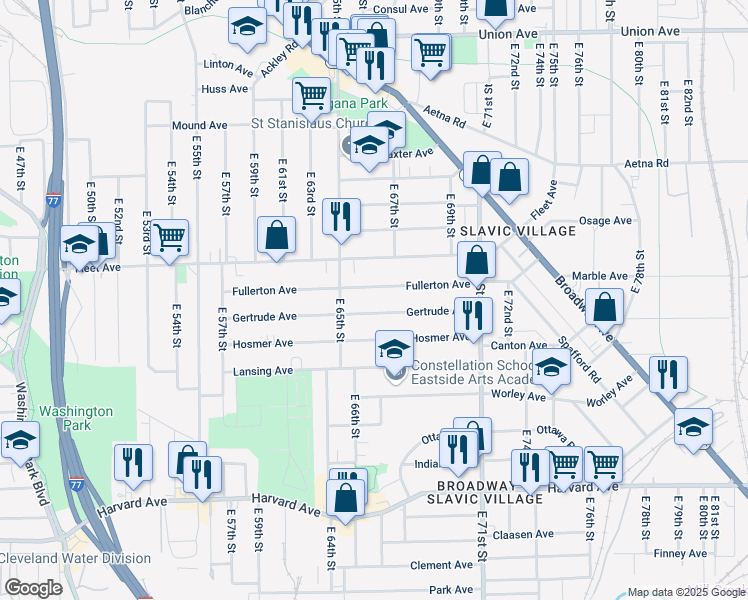 map of restaurants, bars, coffee shops, grocery stores, and more near 6615 Fullerton Avenue in Cleveland