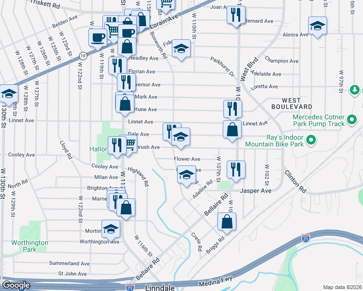 map of restaurants, bars, coffee shops, grocery stores, and more near 11020 Dale Avenue in Cleveland