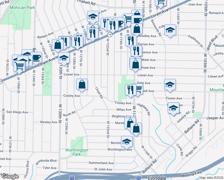 map of restaurants, bars, coffee shops, grocery stores, and more near 3579 West 122nd Street in Cleveland