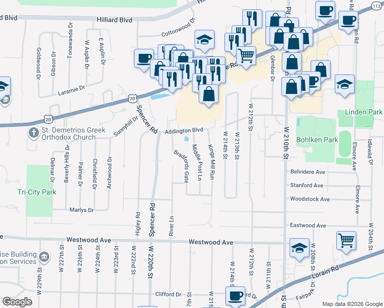 map of restaurants, bars, coffee shops, grocery stores, and more near 3462 Middle Post Lane in Rocky River